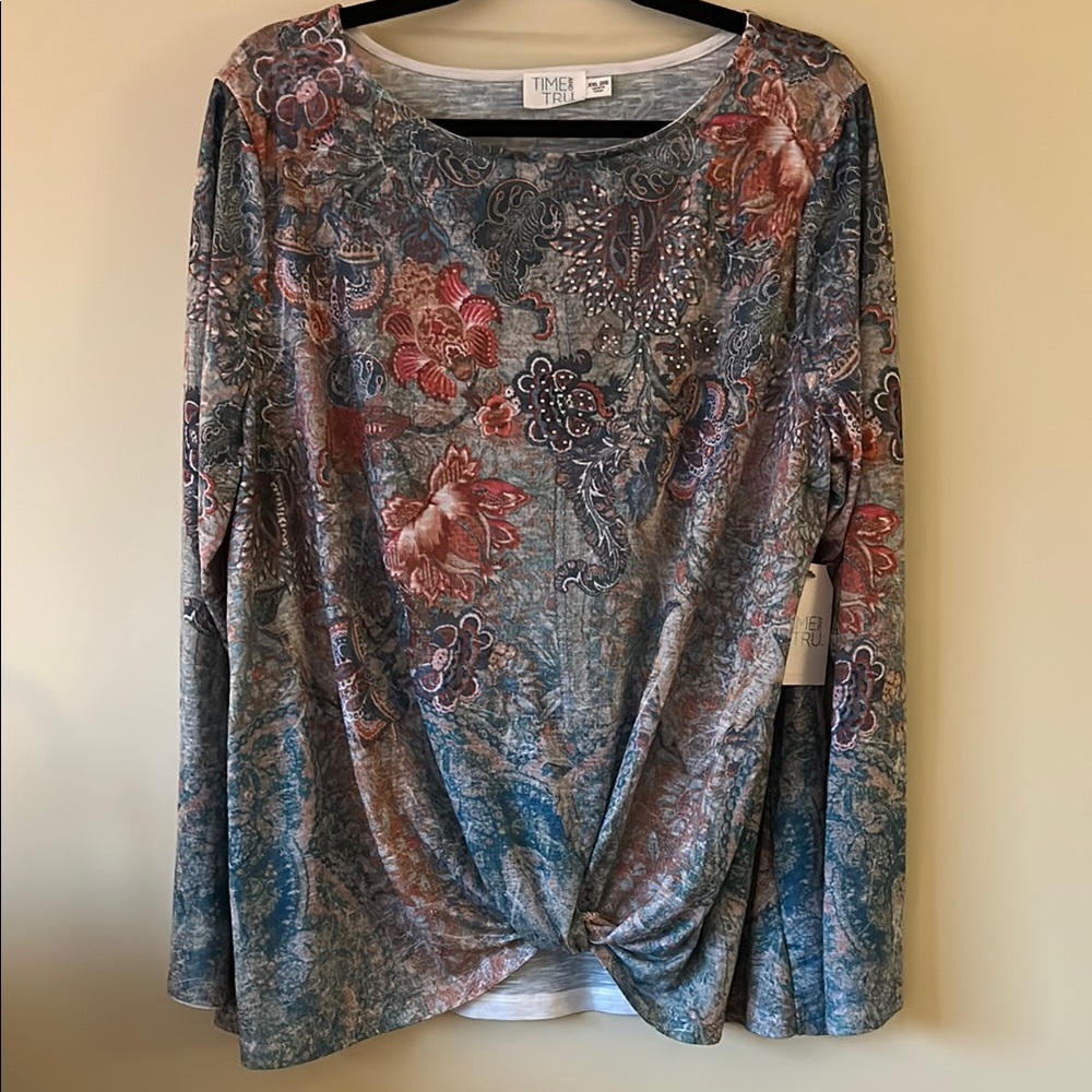 Time and Tru Blue Gray Tie Front Blouse